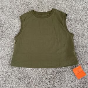 Olive Green Sleeveless Cropped Tee Shirt by Tankaneo Cotton Women's Large NWT